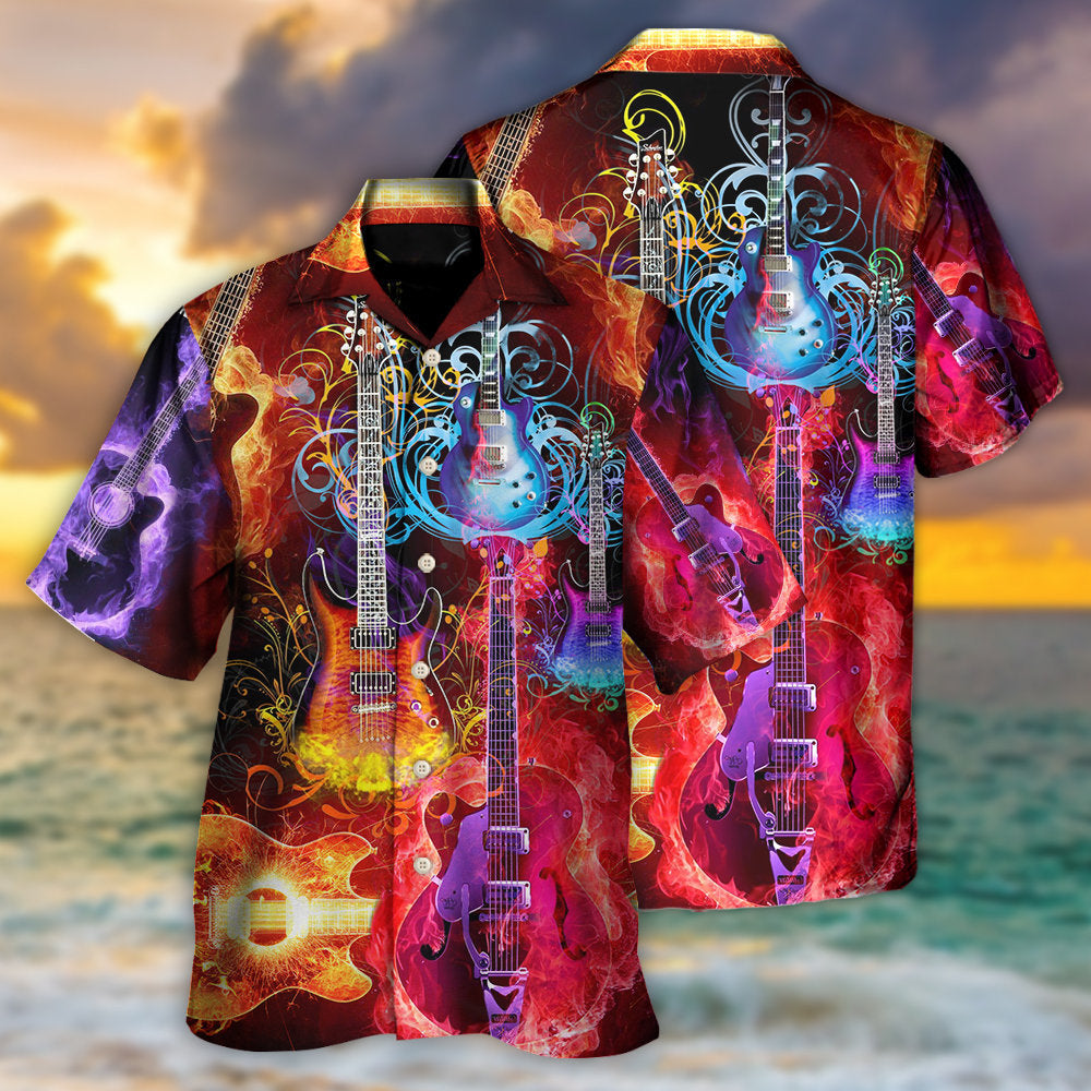 Colorful Guitar Acoustic Beautiful Hawaiian Shirt For Summer Events And Casual Outdoor Wear