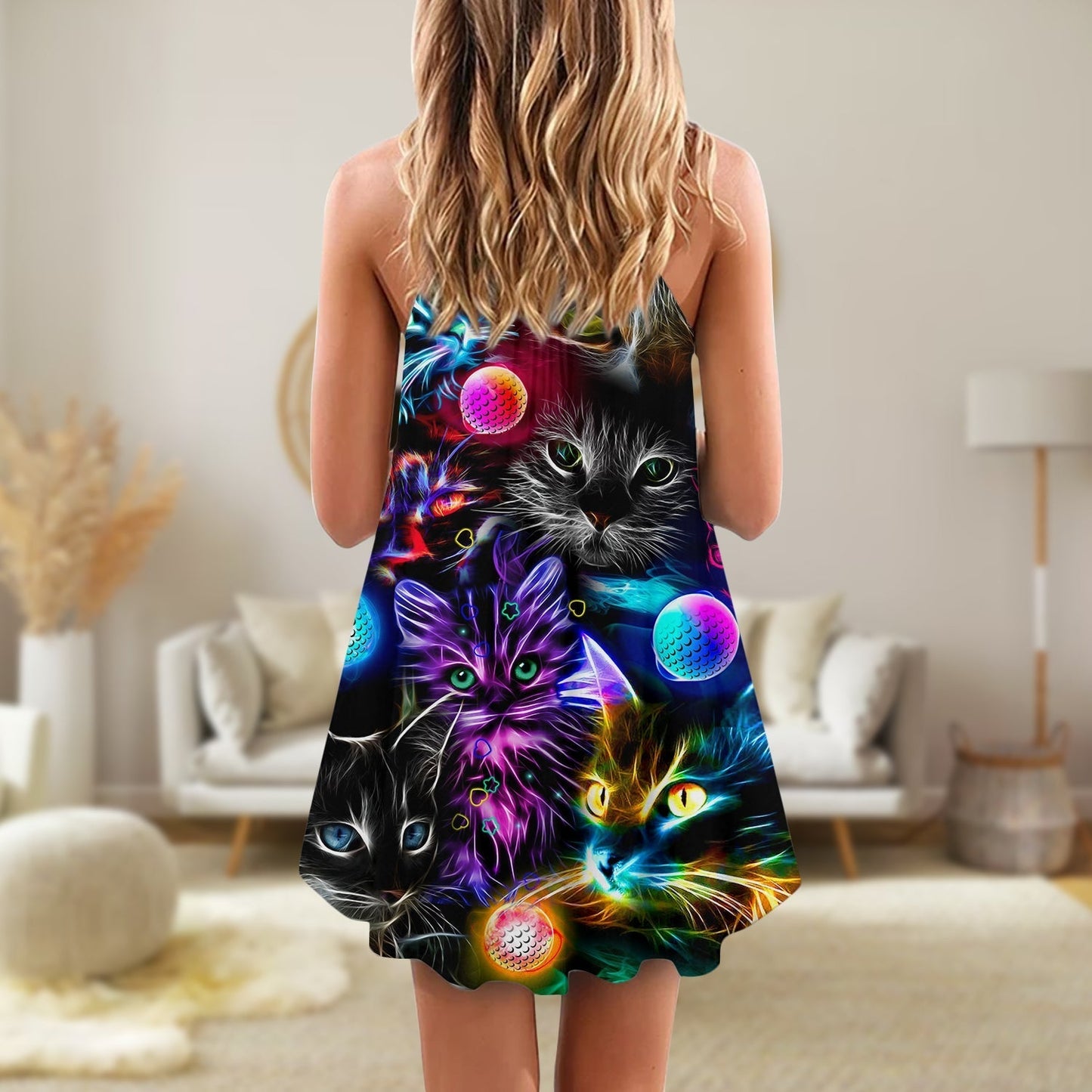 Cat Playing Golf Neon Lightning V-Neck Sleeveless Cami Dress For Game Day Events Travel And Warm Weather Outfits