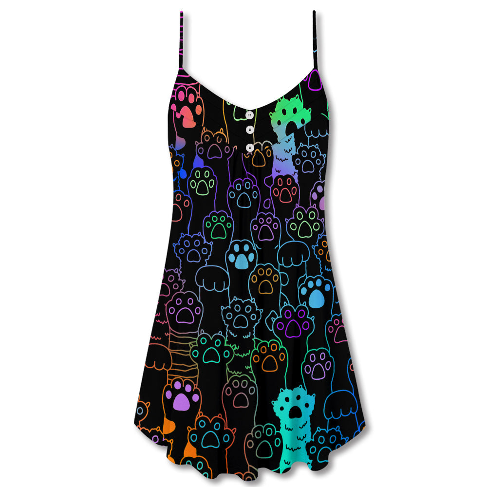 Cute Little Cat Paw Print V-Neck Sleeveless Cami Dress For Summer Vacations Festivals And Playful Casual Styling