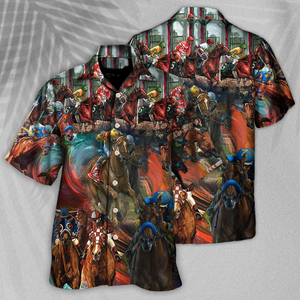 Colorful Horse Racing Hawaiian Shirt Artwork View For Coastal Escapes And Resort Style
