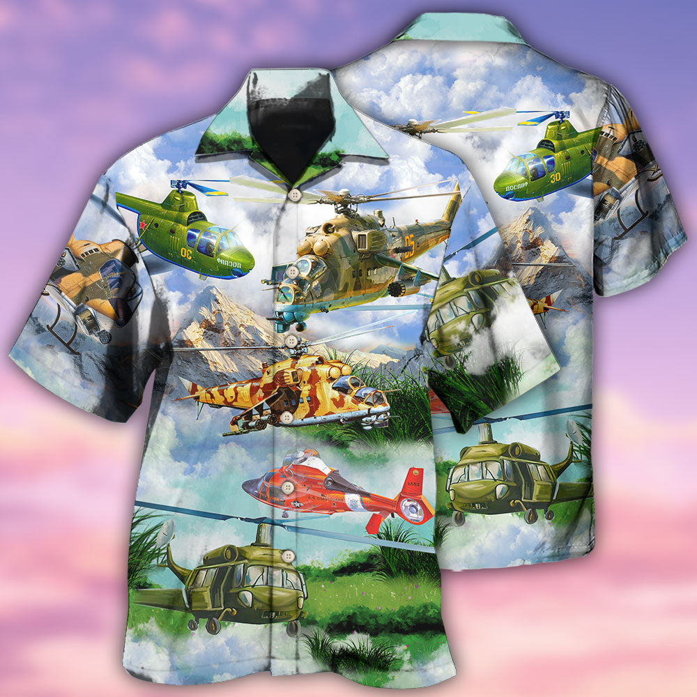 Helicopter And Mountain Landscape Hawaiian Shirt With All Over Print For Beach Parties Vacation Travel And Relaxed Casual