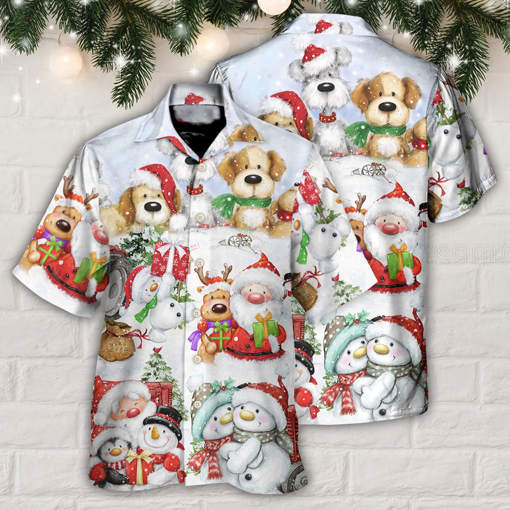 Happy Snowman Christmas Santa Together Hawaiian Shirt Pattern View For Lightweight Everyday Style