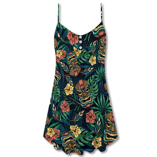 Tiki Tropical Leaves Hawaii Style – Women's Summer Sleeveless V-Neck Camisole Dress