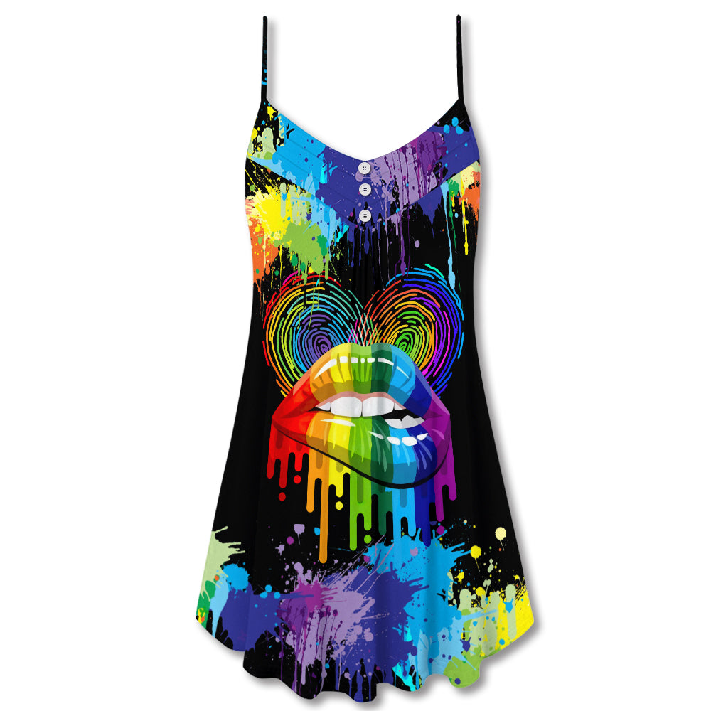 Pride Lips Color Of Happiness V-Neck Sleeveless Cami Dress For Festivals Travel And Relaxed Casual Summer Wear