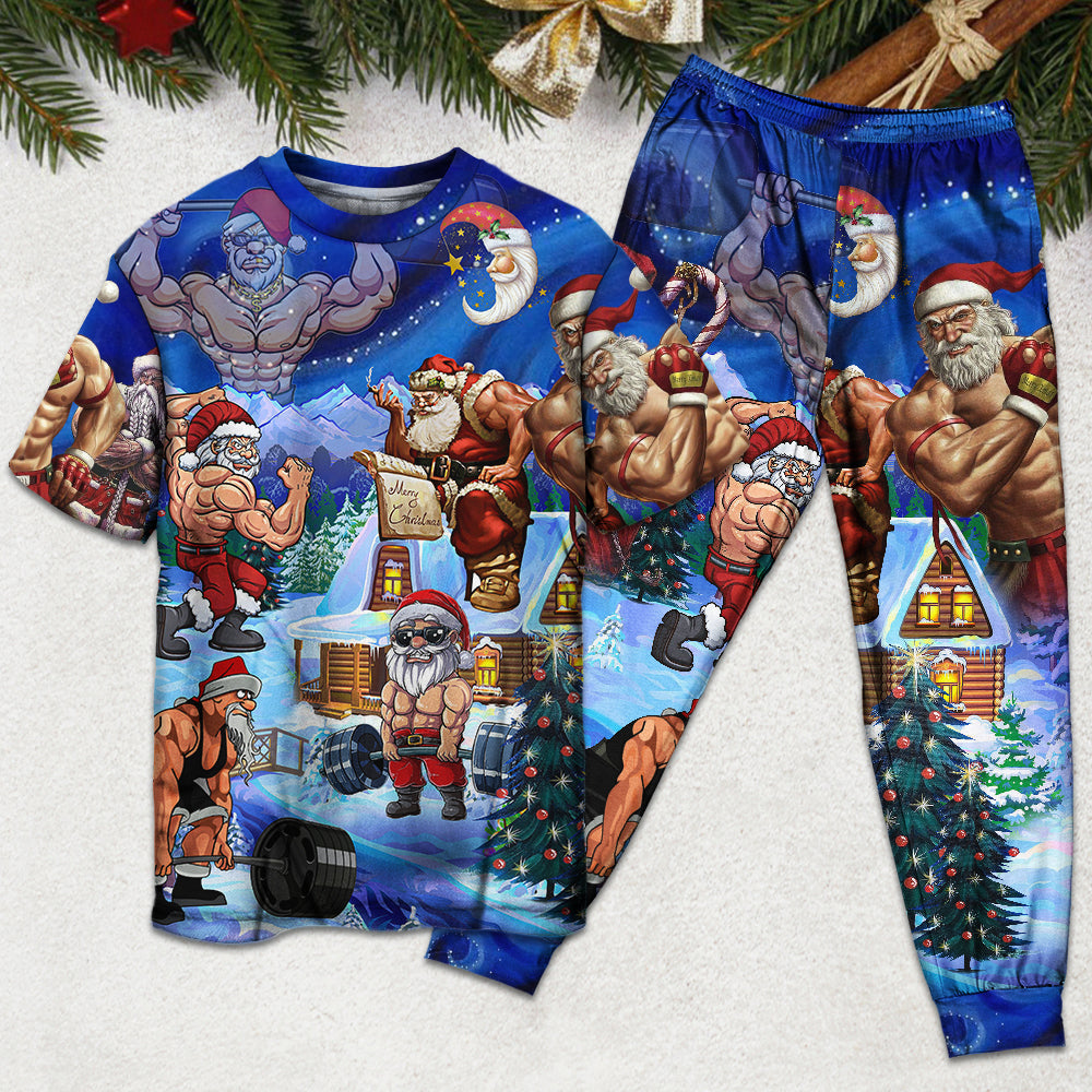 Strong Santa Christmas Short Sleeve Pajamas Set For Christmas Mornings And Relaxed Lounging