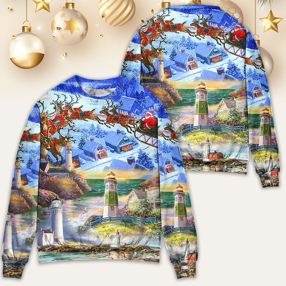 Lighthouse Christmas Santa Through The Storm Sweater For Festive Events Weekend Outings And Comfortable Winter Style