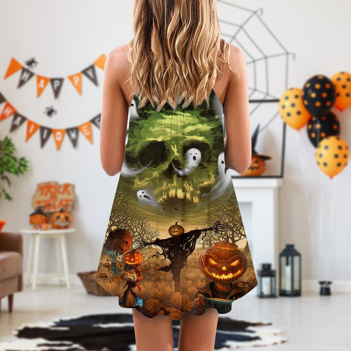 Halloween Crazy Pumpkin Ghost V-Neck Sleeveless Cami Dress For Festivals Travel And Relaxed Casual Summer Wear