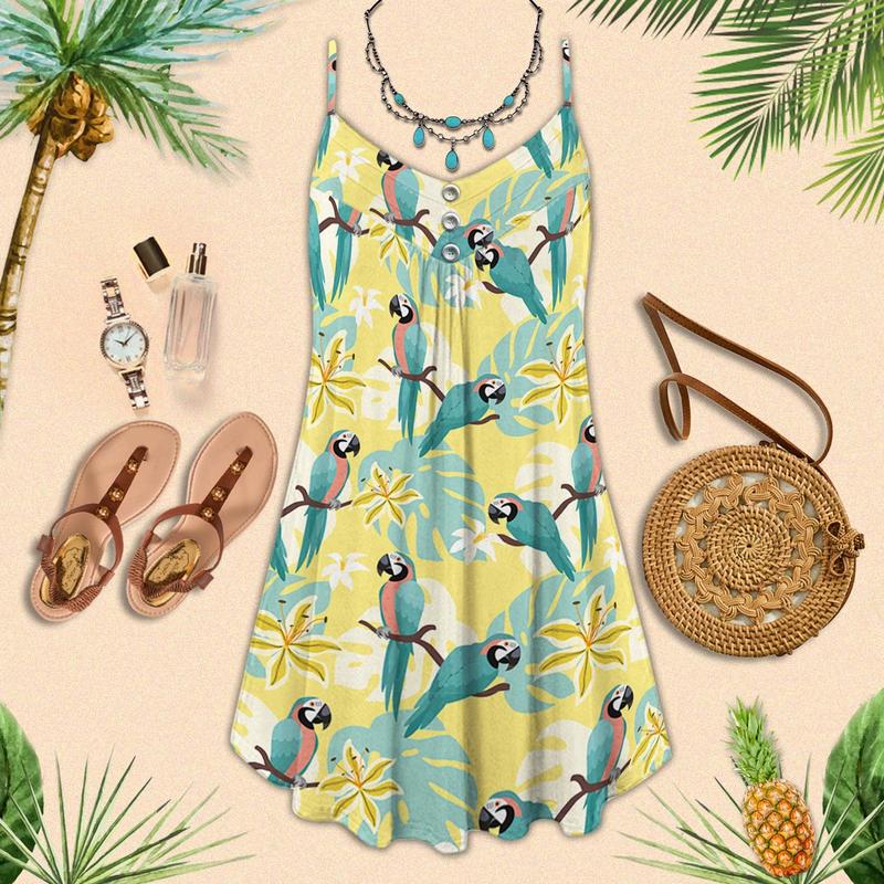 Parrot Love Love Tropical V-Neck Sleeveless Cami Dress For Beach Festivals And Comfortable Summer Outfits