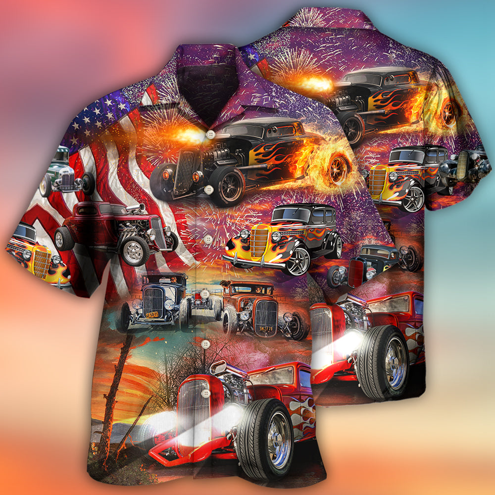 Happy Hot Rod Independence Day Firework Hawaiian Shirt Artwork View For Weekend Travel And Beach Style