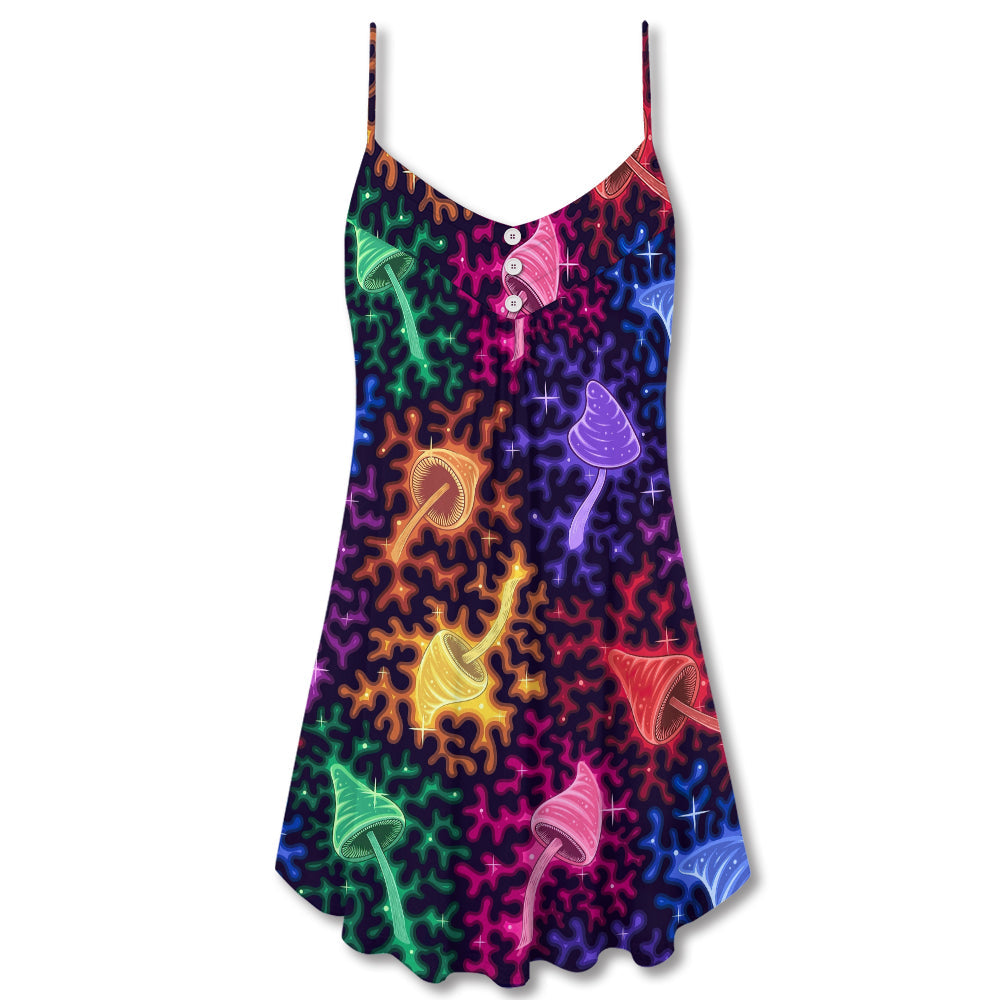 Colorful Galaxy Mushroom Bright V-Neck Sleeveless Cami Dress For Festivals Travel And Relaxed Casual Summer Wear