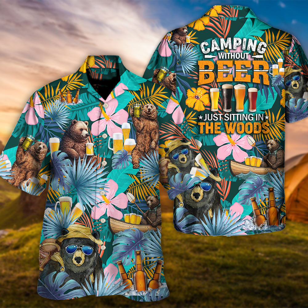 Funny Camping Bear Beer Sitting Woods Hawaiian Shirt For Outdoor Relaxation, Island Trips, And Warm Weather Activities