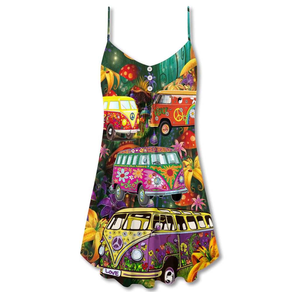 Hippie Bus Peace Life Colorful V-Neck Sleeveless Cami Dress For Festivals Travel And Relaxed Casual Summer Wear