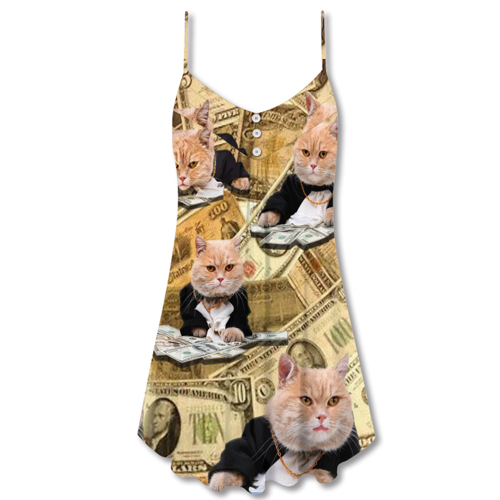 Vintage Money Cat Style V-Neck Sleeveless Cami Dress For Summer Vacations Festivals And Casual Everyday Wear