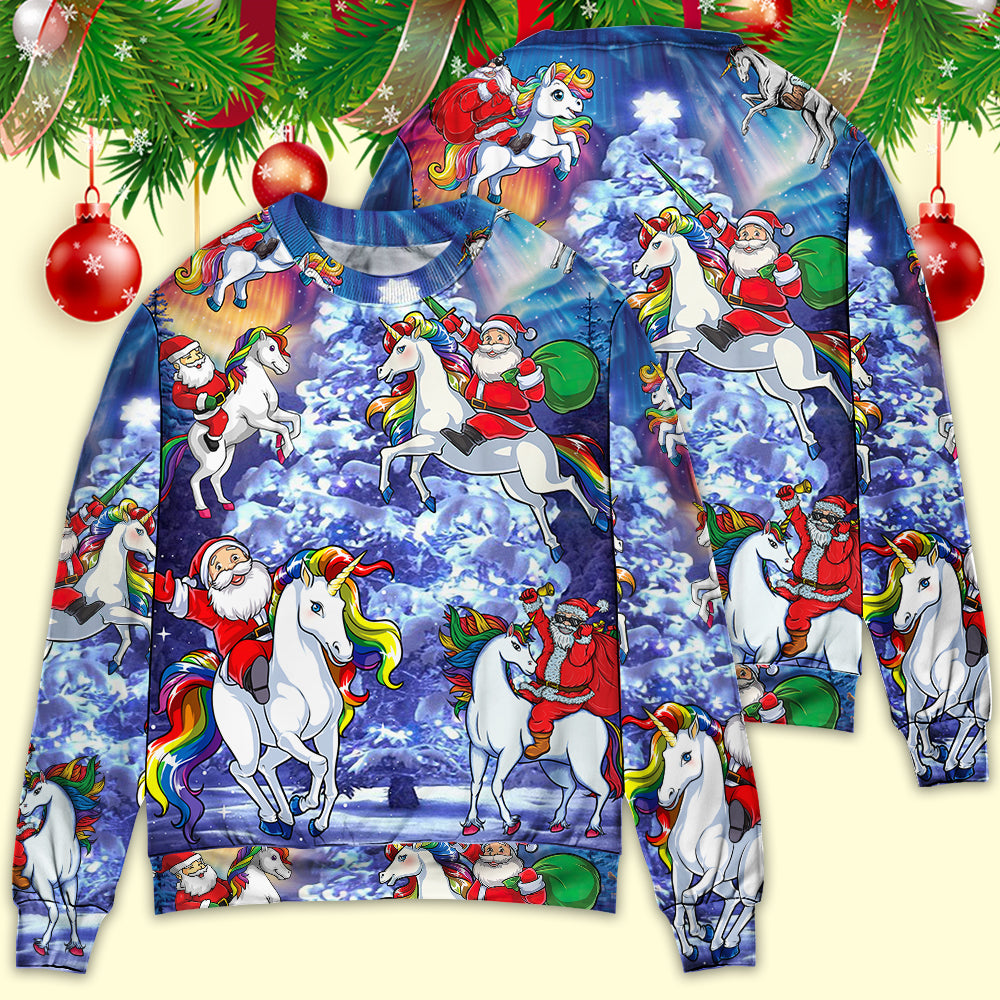 Christmas Santa Riding Unicorn Rainbow Night Sweater For Winter Parties Seasonal Adventures And Relaxed Everyday Styling