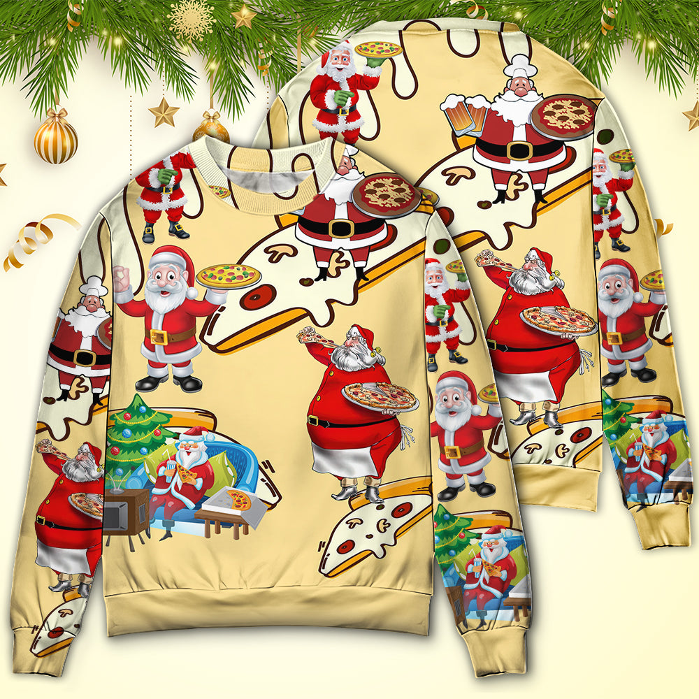 Christmas Santa Eating Pizza Fun Sweater For Winter Parties Seasonal Adventures And Relaxed Everyday Styling