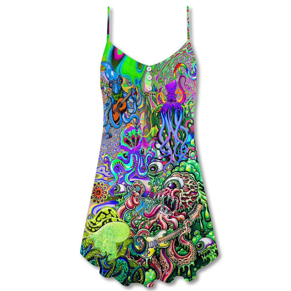 Hippie Funny Octopus Music Love V-Neck Sleeveless Cami Dress For Festivals Travel And Relaxed Casual Summer Wear