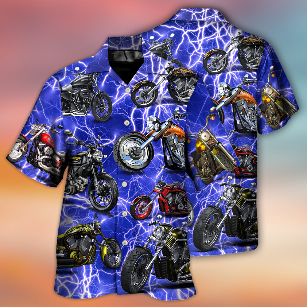 Blue Motorcycle Lightning Hawaiian Shirt Pattern View For Lightweight Everyday Style