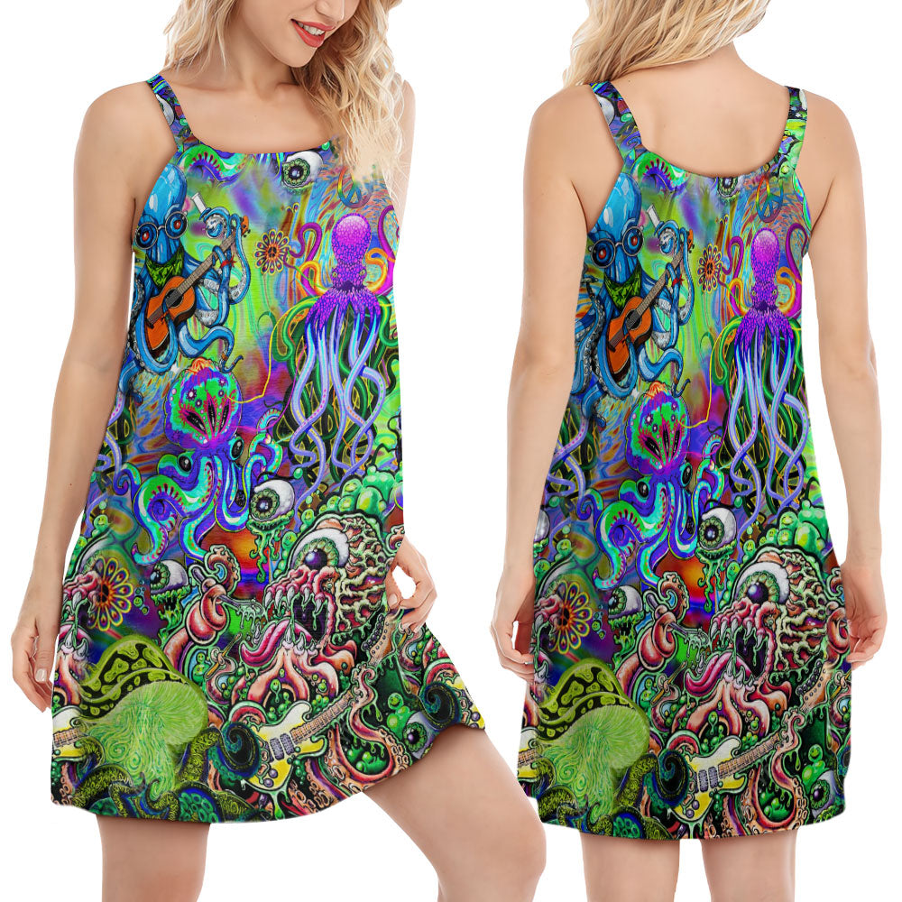 Hippie Funny Octopus Love Music V-Neck Sleeveless Cami Dress For Creative Events And Casual Warm Weather Wear