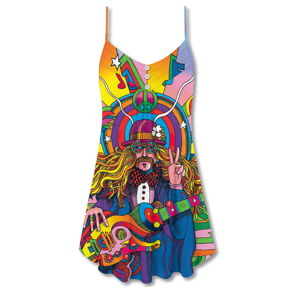 Hippie Rock Music Colorful V-Neck Sleeveless Cami Dress For Festivals Vacations And Relaxed Artistic Styling