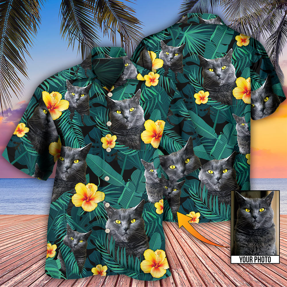 Tropical Black Cat Personalized Photo Hawaiian Shirt Pattern Detail For Beach Days
