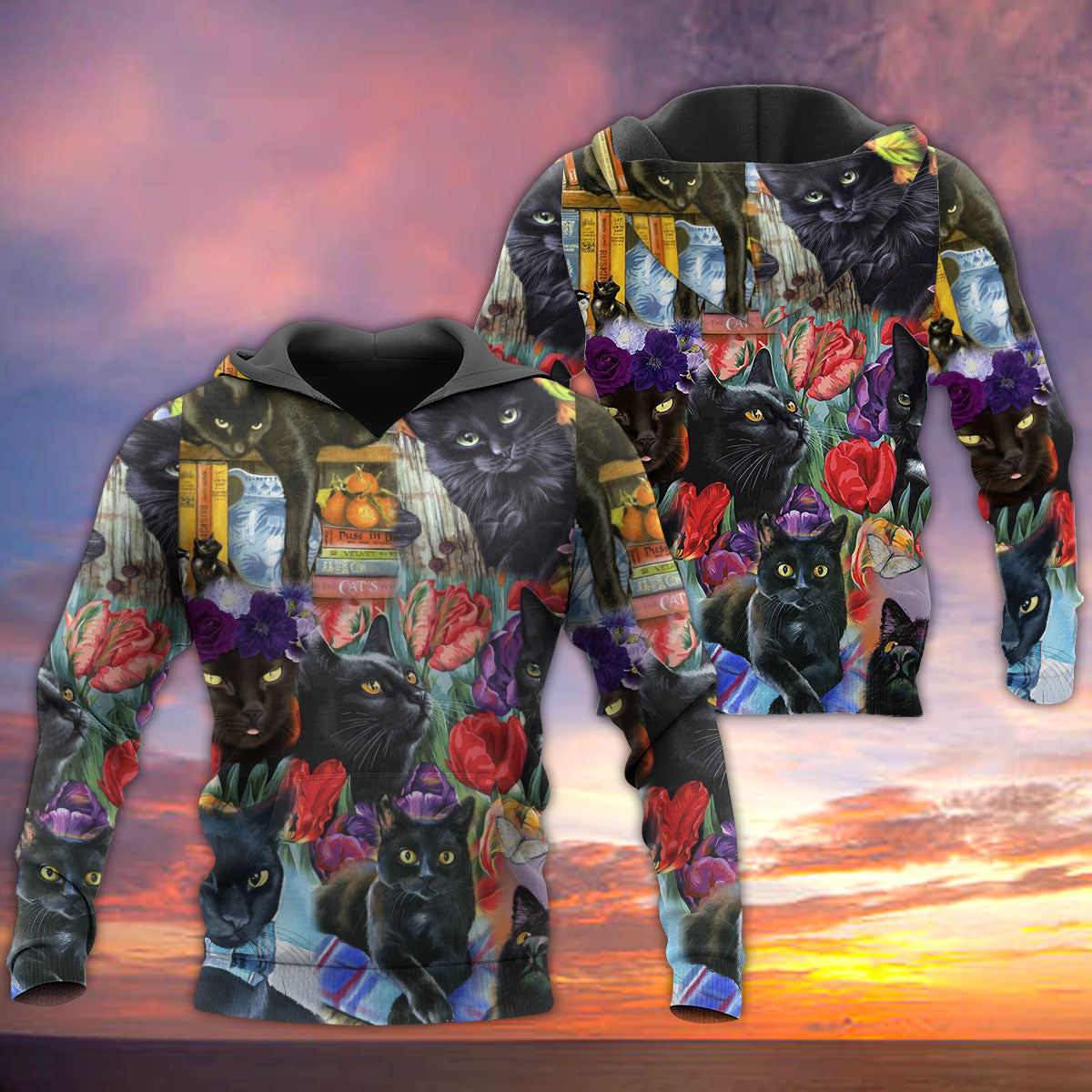 Black Floral Fantasy Cat Hoodie For Imaginative Adventures Casual Wear And Comfortable Layering