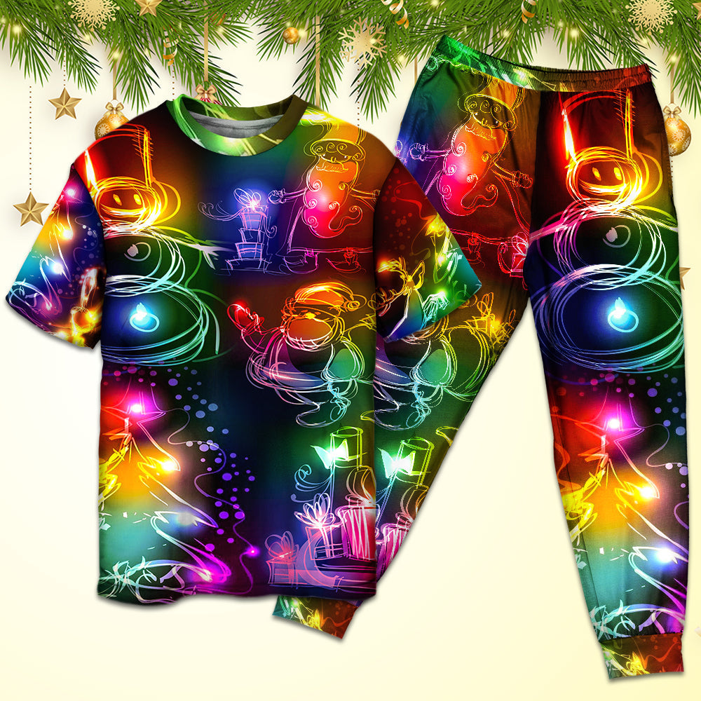 Santa Snowman Christmas Tree Lights Short Sleeve Pajamas Set For Holiday Bedtime And Cozy Home Wear