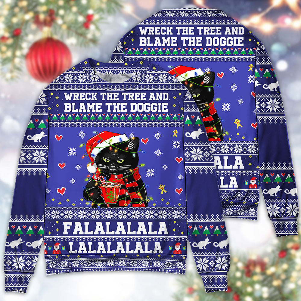 Black Cat Wrecks Tree Funny Holiday Sweater For Holiday Parties Family Gatherings And Seasonal Gift Giving