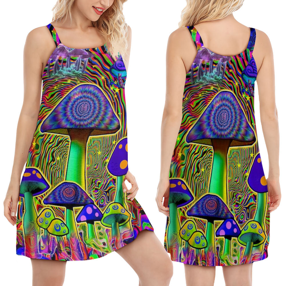 Hippie Mushroom Colorful Spirit V-Neck Sleeveless Cami Dress For Creative Events And Casual Warm Weather Wear