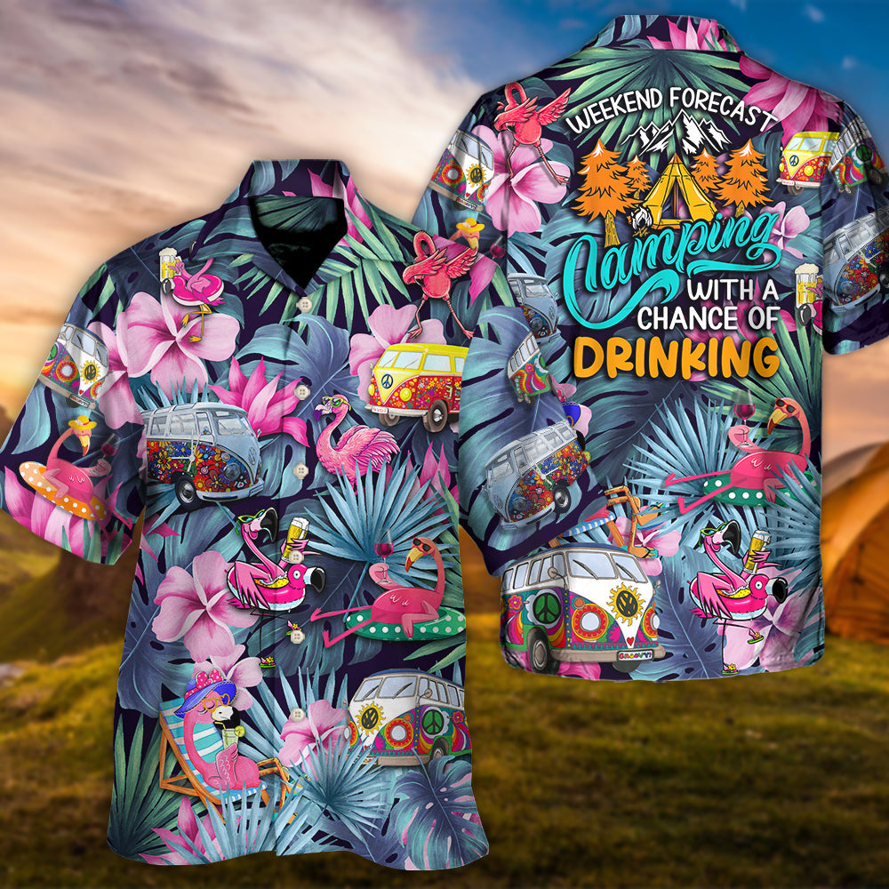 Funny Camping Flamingo Weekend Forecast Chance Hawaiian Shirt For Resort Trips, Coastal Parties, And Warm Weather Style