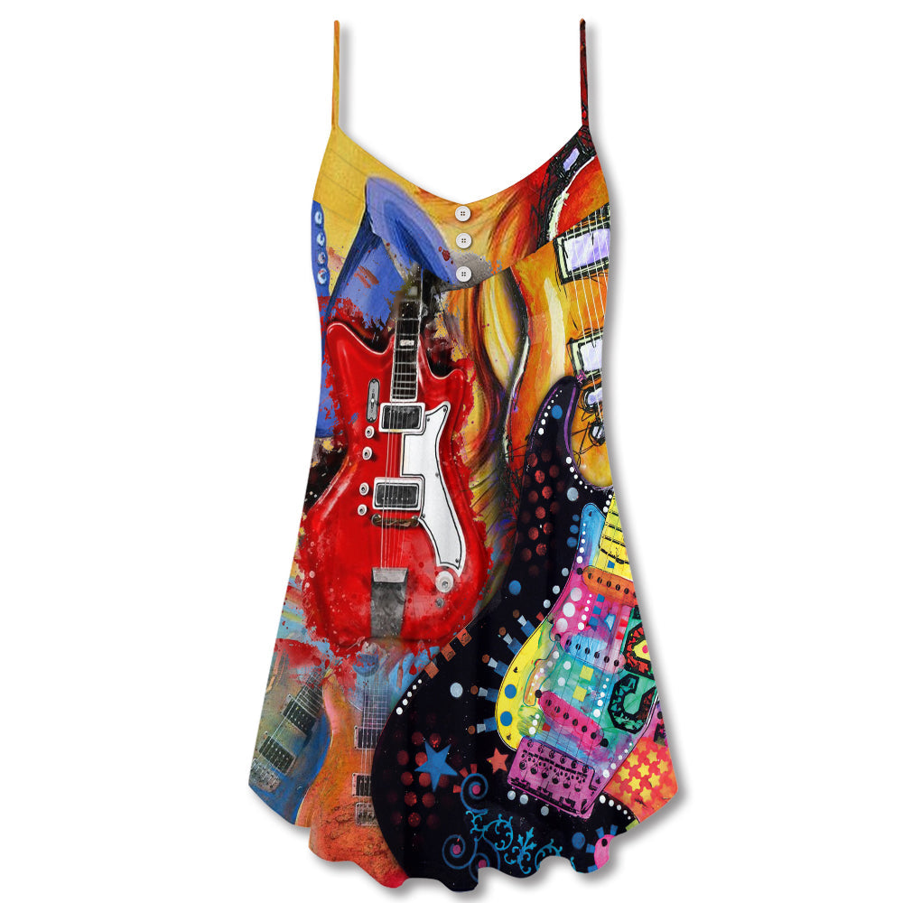 Galaxy Guitar Colorful Background V-Neck Sleeveless Cami Dress For Music Festivals And Casual Summer Wear