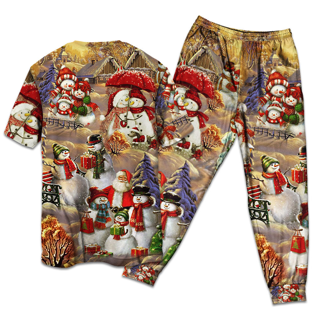 Playful Snowman Couple Christmas Short Sleeve Pajamas Set For Christmas Sleepwear And Family Lounging