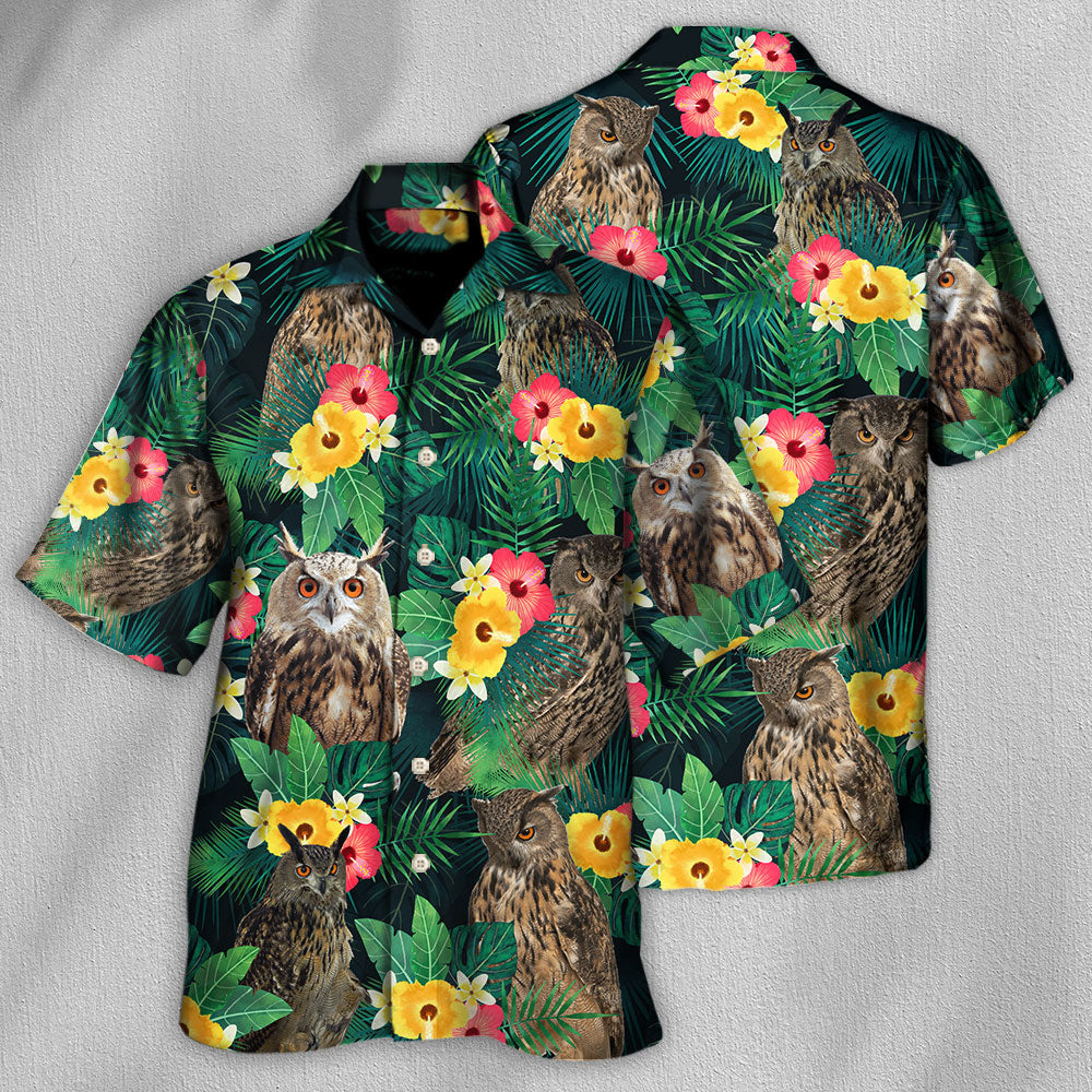 Tropical Floral Owl Summer Vibes Hawaiian Shirt Pattern View For Relaxed Warm Weather Outfits