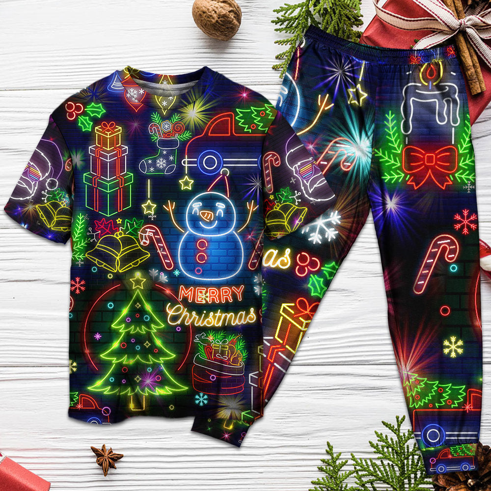 Bright Neon Christmas Lights Short Sleeve Pajamas Set For Winter Nights And Thoughtful Gifting