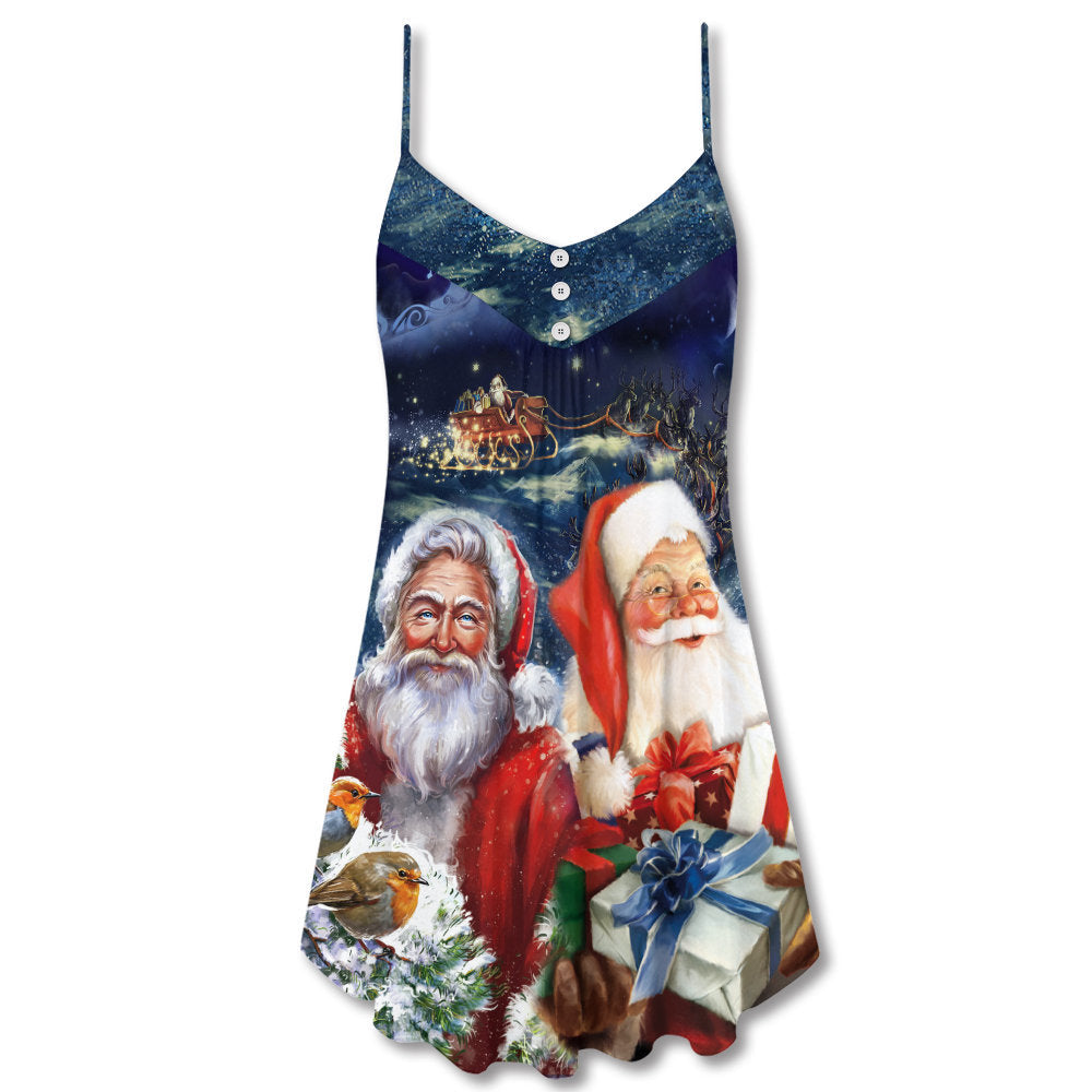 Christmas Santa Snow Night V-Neck Sleeveless Cami Dress For Festivals Travel And Relaxed Casual Summer Wear