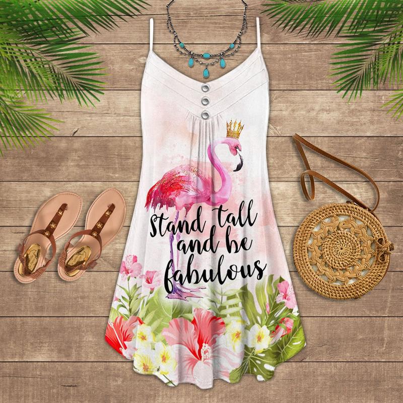 Flamingo Loves Tropical Awesome V-Neck Sleeveless Cami Dress For Beach Festivals And Comfortable Summer Outfits