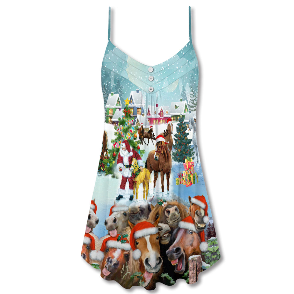 Happy Christmas Horse Theme V-Neck Sleeveless Cami Dress For Beach Trips Parties And Relaxed Warm Weather Style