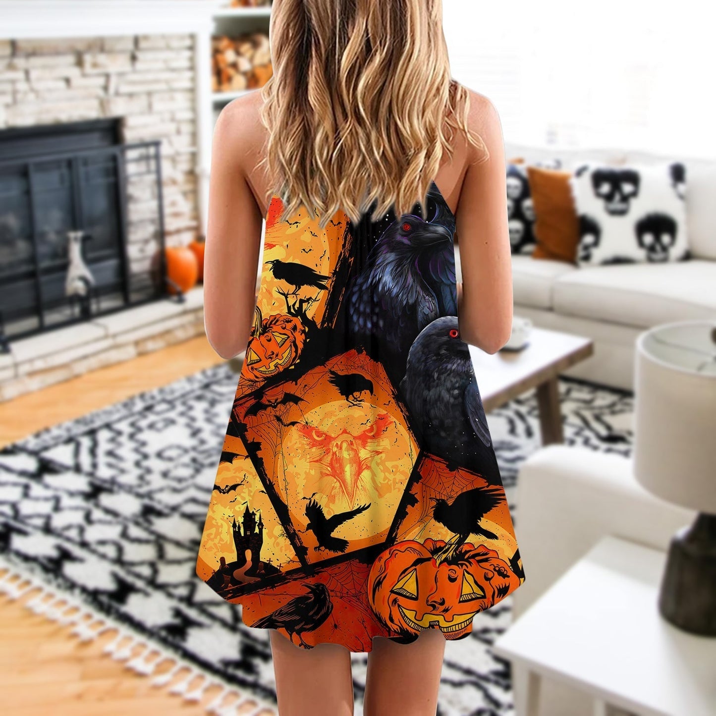 Halloween Raven Pumpkin Night V-Neck Sleeveless Cami Dress For Festivals Travel And Relaxed Casual Summer Wear