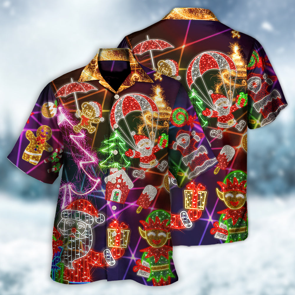 Funny Neon Christmas Tree Elf Gingerbread Light Hawaiian Shirt Artwork View For Coastal Escapes And Resort Style