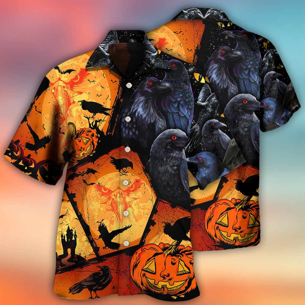 Spooky Halloween Raven Pumpkin Hawaiian Shirt Design Detail For Sunny Adventures And Casual Wear