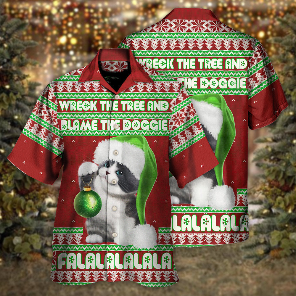 Red Cat Wreck Tree Christmas Hawaiian Shirt Design Detail For Beach Days And Holiday Travel