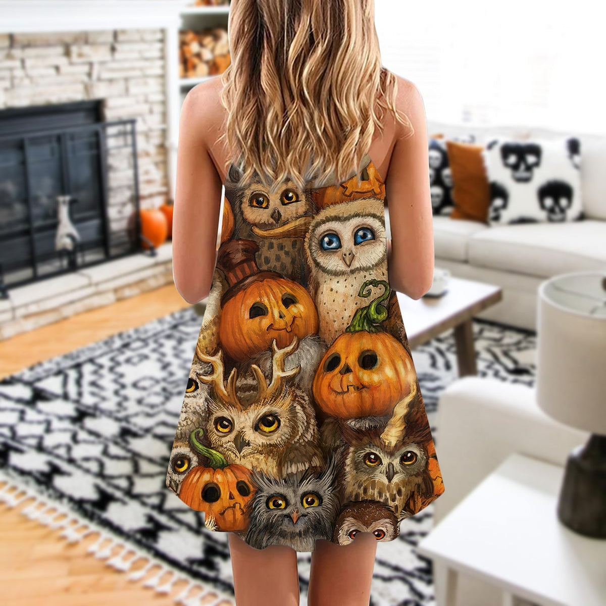 Halloween Owl Pumpkin Pattern V-Neck Sleeveless Cami Dress For Spooky Season Events And Relaxed Casual Styling