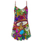 Hippie Mushroom Hypnotic Art V-Neck Sleeveless Cami Dress For Festivals Vacations And Relaxed Artistic Styling