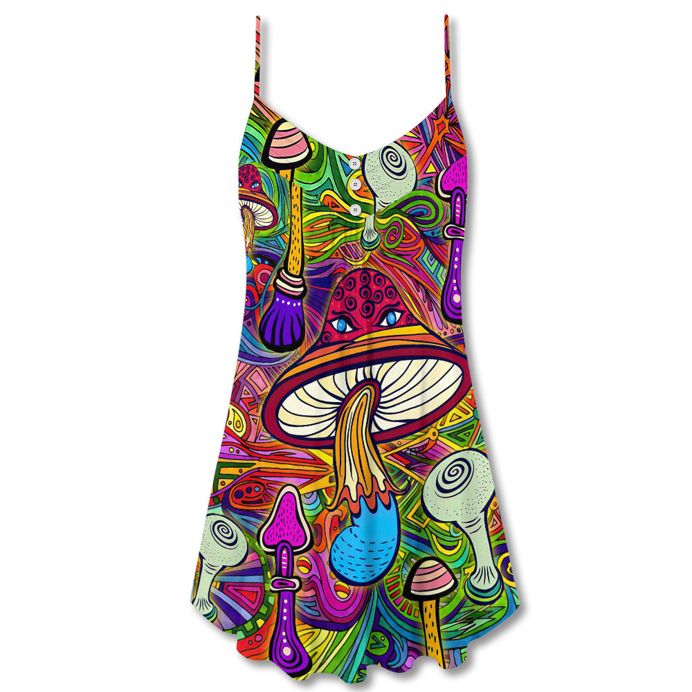 Hippie Mushroom Hypnotic Art V-Neck Sleeveless Cami Dress For Festivals Vacations And Relaxed Artistic Styling