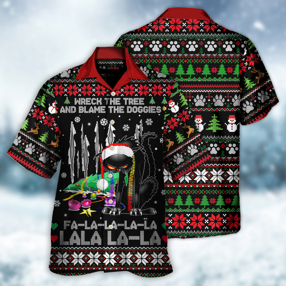 Black Funny Cat Wreck Tree Light Ugly Hawaiian Shirt Artwork Detail For Tropical Trips And Casual Outings