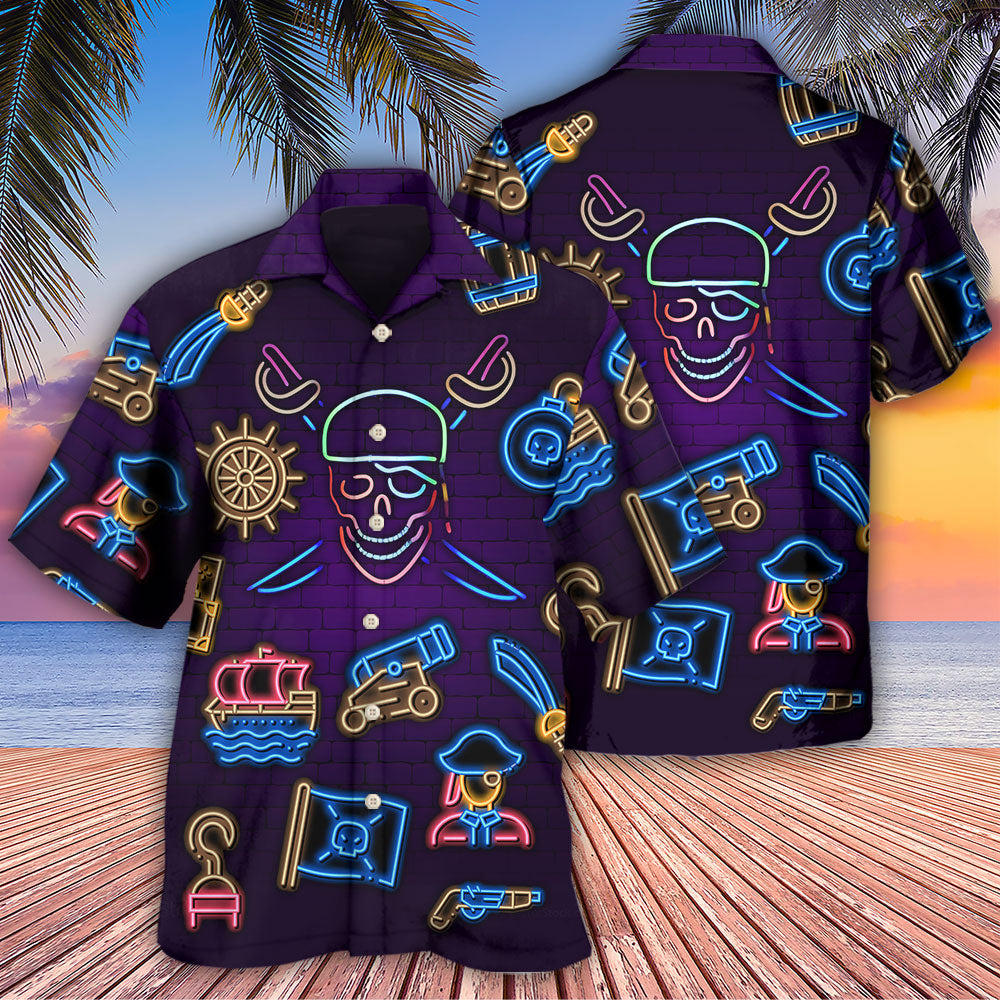 Creative Neon Pirate Hawaiian Shirt Detailed Pattern View For Beach Days