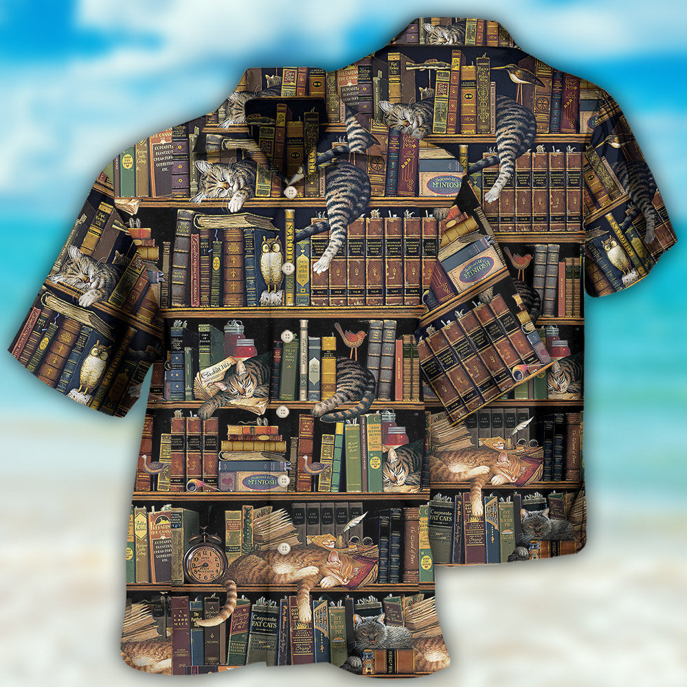 Vintage Cat Book Hawaiian Shirt Artwork Detail For Resort Trips And Outdoor Activities