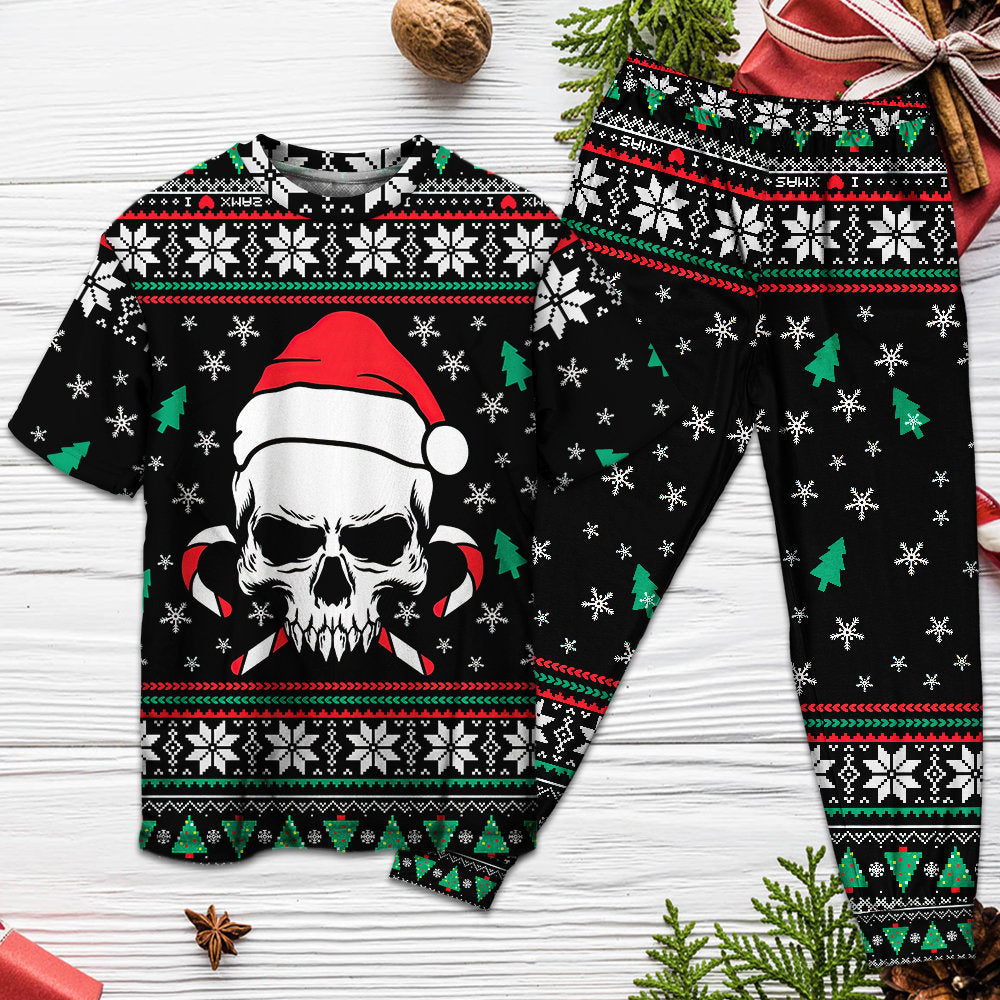 Skull In Santa Hat With Holiday Candy Short Sleeve Pajamas Set For Holiday Travel And Comfortable Home Wear