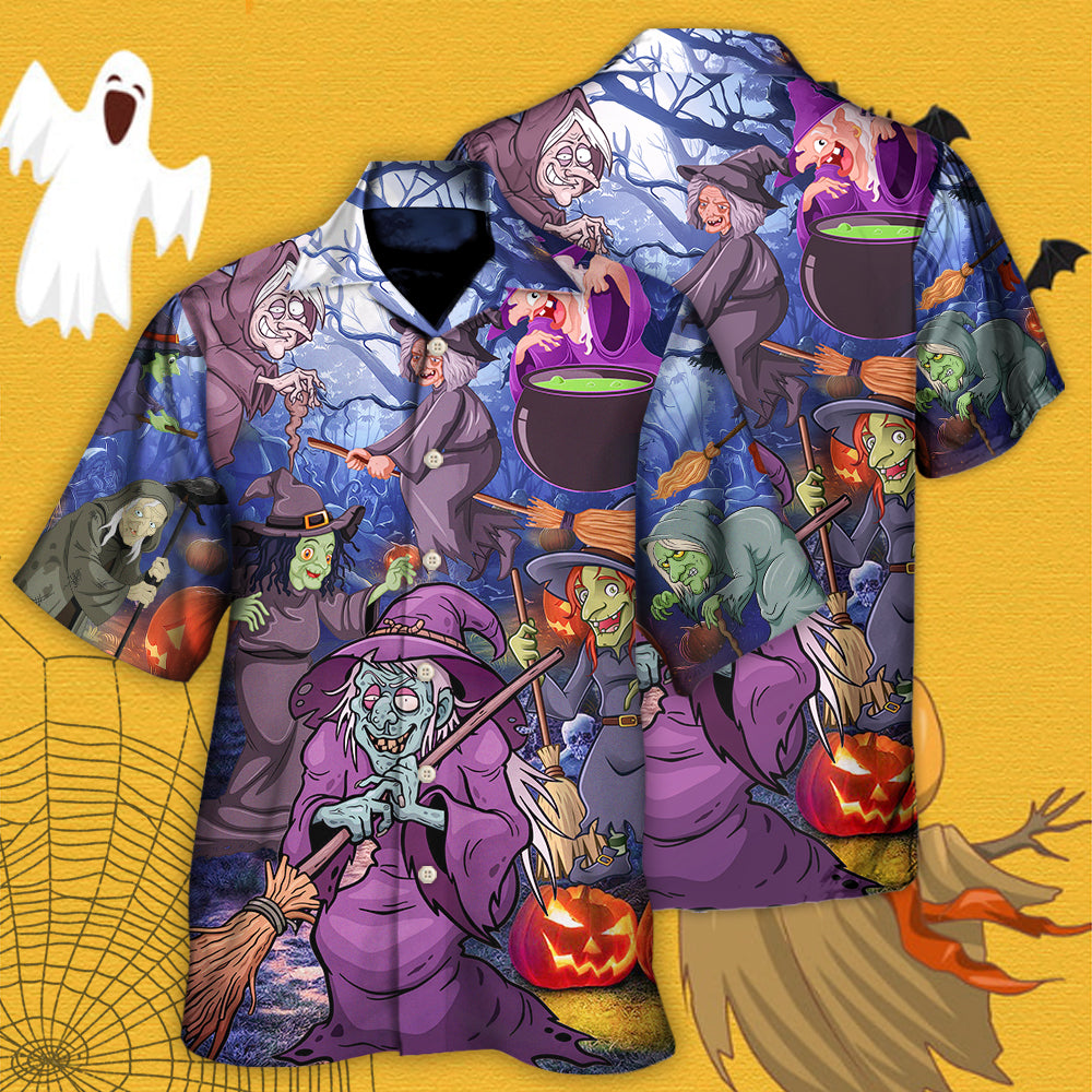 Funny Magical Halloween Witch Pumpkin Forest Hawaiian Shirt Artwork View For Coastal Escapes And Resort Style