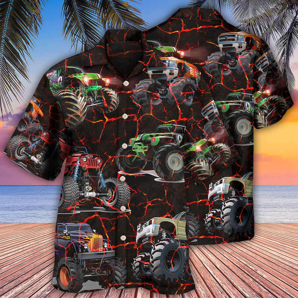 Creative Monster Truck Lava Action Hawaiian Shirt For Island Vacations, Resort Wear, And Relaxed Seasonal Style
