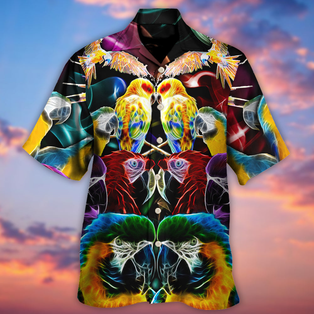 Neon Colorful Parrot Wild Hawaiian Shirt Artwork Detail For Resort Trips And Outdoor Activities